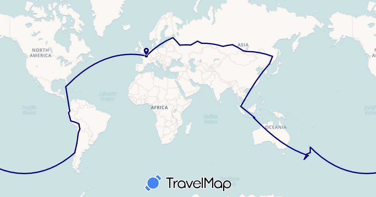 TravelMap itinerary: driving in Bolivia, Chile, Cuba, Ecuador, France, Indonesia, Malaysia, New Zealand, Peru, Russia, Singapore (Asia, Europe, North America, Oceania, South America)